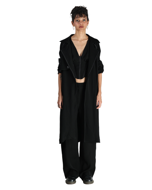 Trench Coat With Affair Corset Paired Up With High Waisted Pants - Black