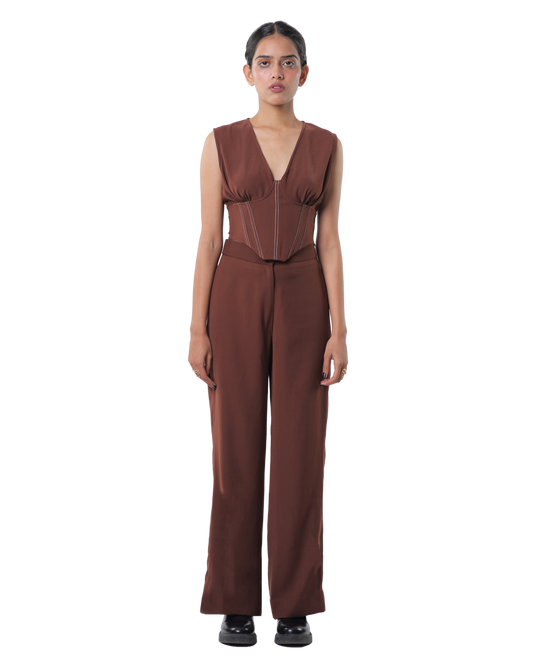 Affair Corset With High Waisted Pants - Brown
