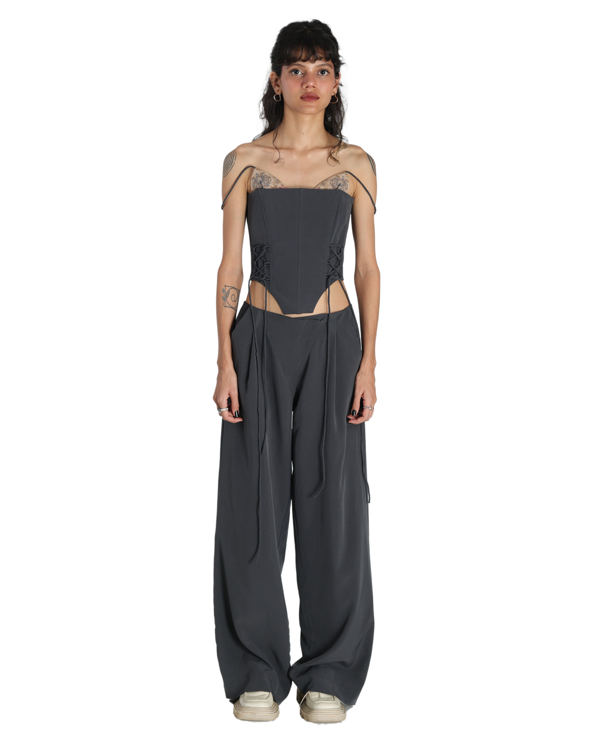 Bunny Ears Corset With Angle Fly Pants - Dark Grey
