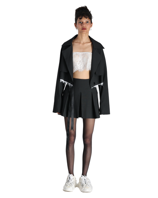 Box Swirl Skirt With Unfinished Cropped Blazer - Dark Grey