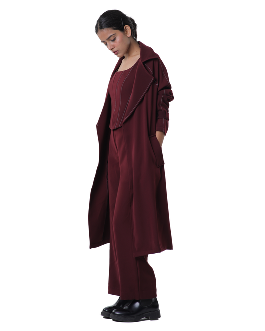 Trench Coat With Knotty Corset Paired Up With High Waisted Pants - Merlot