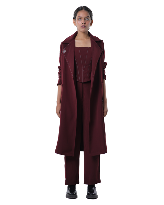 Trench Coat With Knotty Corset Paired Up With High Waisted Pants - Merlot