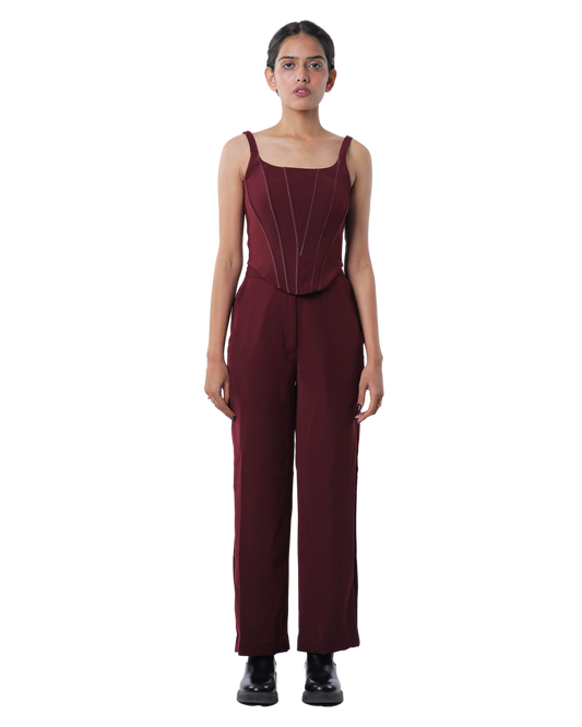 Knotty Corset With High Waisted Pants - Merlot