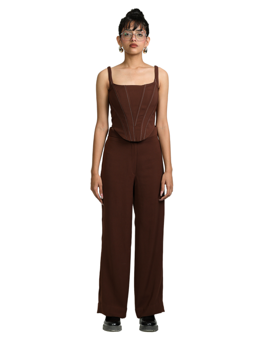 Knotty Corset With High Waisted Pants - Brown