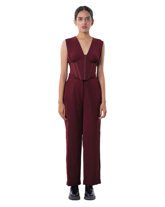 Affair Corset With High Waisted Pants - Merlot