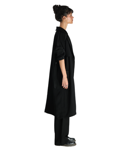 Trench Coat With Affair Corset Paired Up With High Waisted Pants - Black