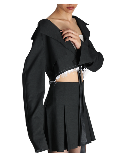 Box Swirl Skirt With Unfinished Cropped Blazer - Dark Grey