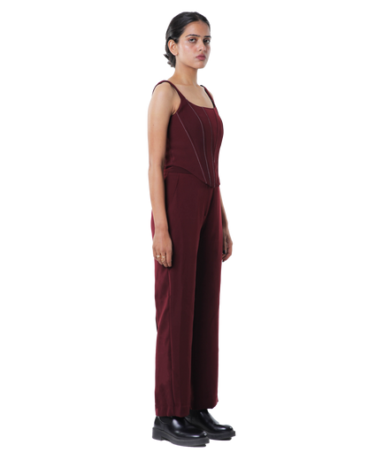 Trench Coat With Knotty Corset Paired Up With High Waisted Pants - Merlot